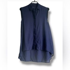 ALLSAINTS Navy Stripes Button Front Asymmetrical Sleeveless Sheer Tunic Blouse